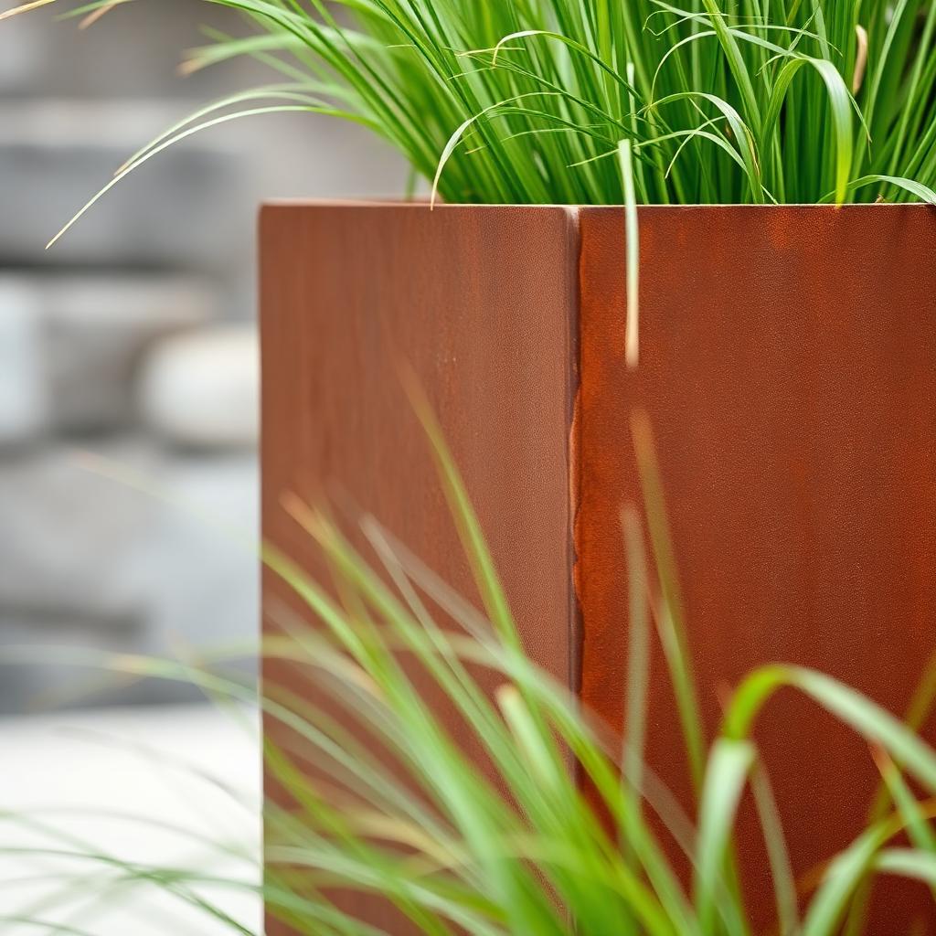 Corten steel planter corner detail with rich rust patina and ornamental grasses. — comparable to schemes we deliver in Hammersmith & Fulham