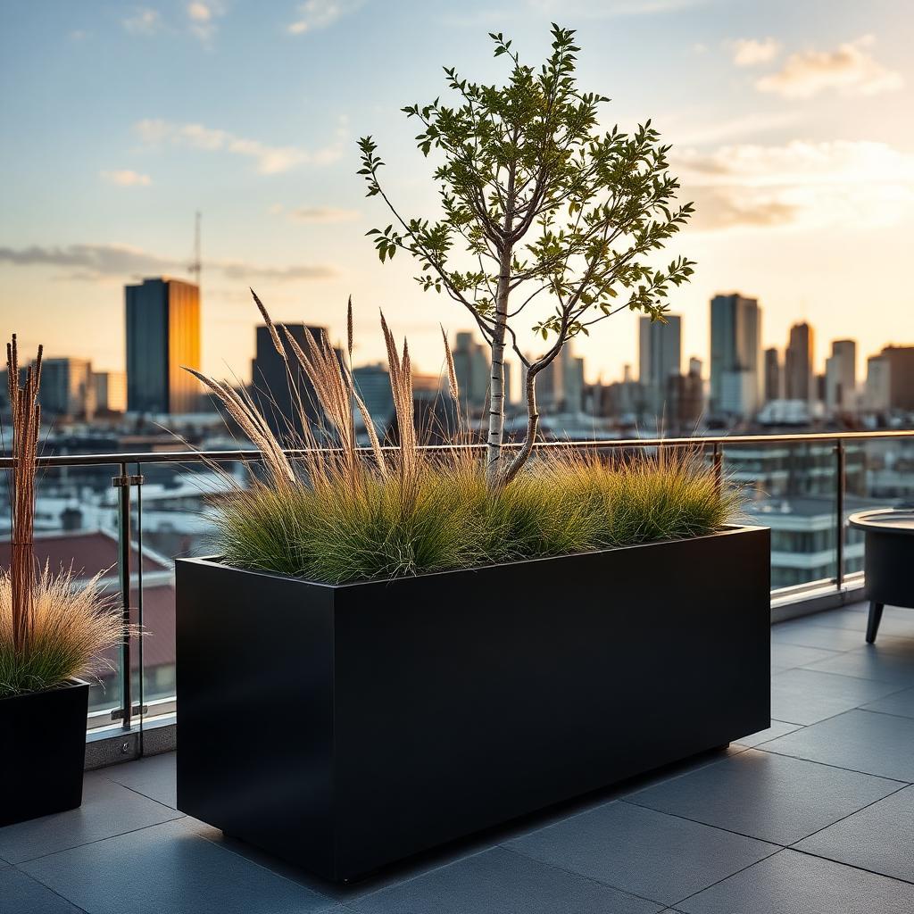 Matte black rectangular planter with ornamental grasses and a multi-stem birch on a rooftop terrace at golden hour. — comparable to schemes we deliver in Wandsworth
