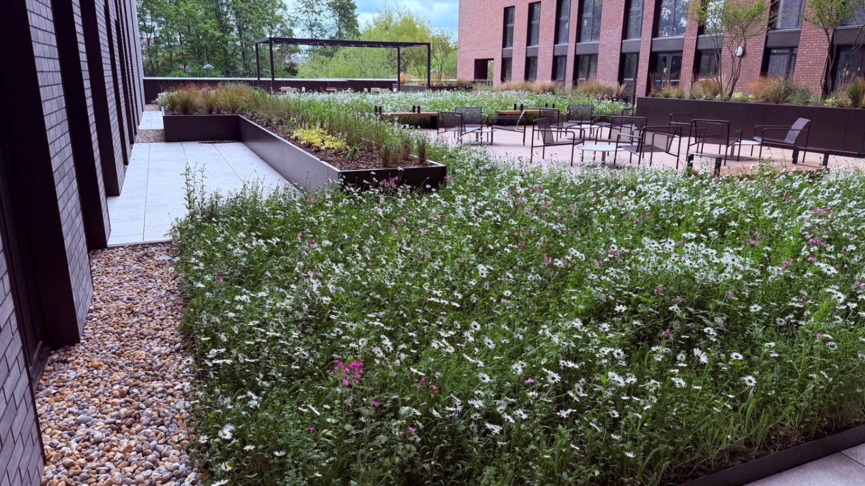 Bespoke metal planters of the kind we fabricate and install in Southwark — Deep planter beds and gravel margin leading to a sheltered terrace seating zone.