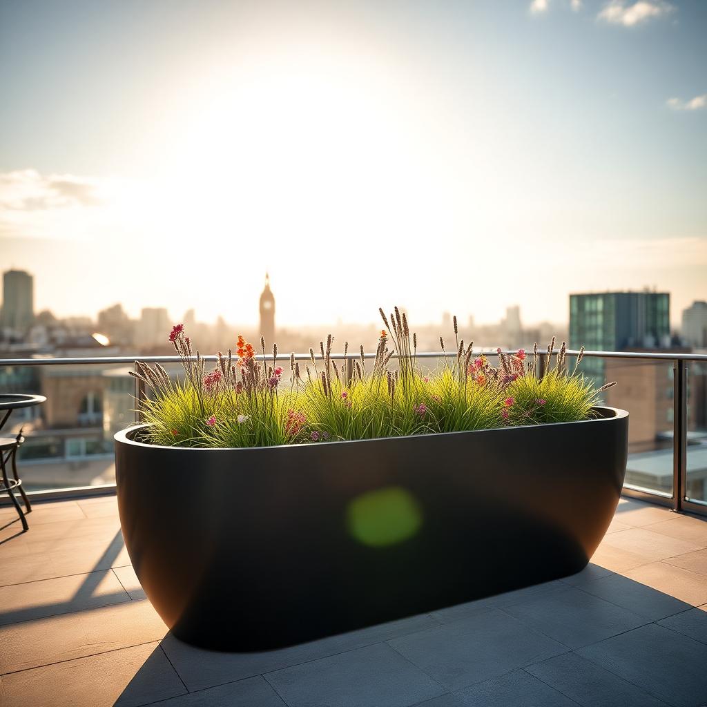 Curved matte black penthouse planter with wildflowers and grasses against the city skyline. — comparable to schemes we deliver in Greenwich