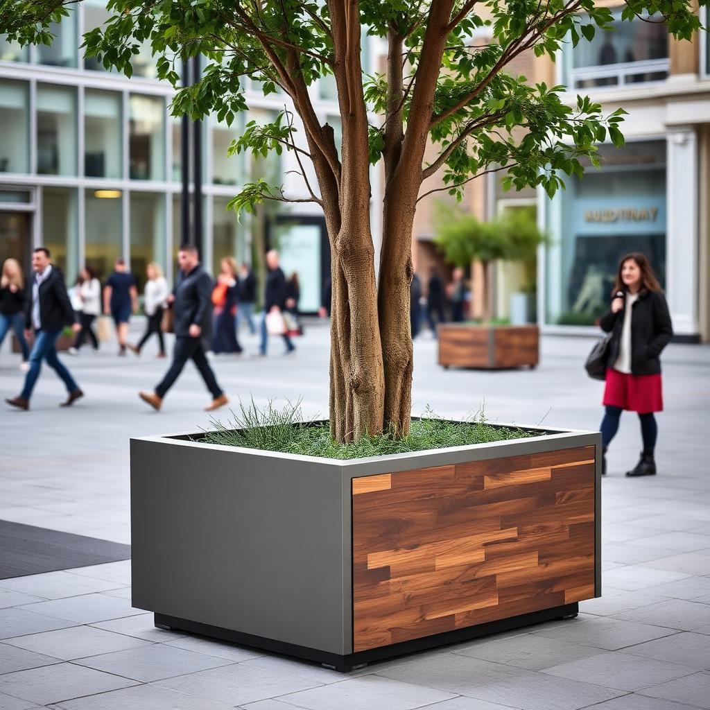 Public realm planter with integrated hardwood cladding wrapping a mature street tree. — comparable to schemes we deliver in Lambeth