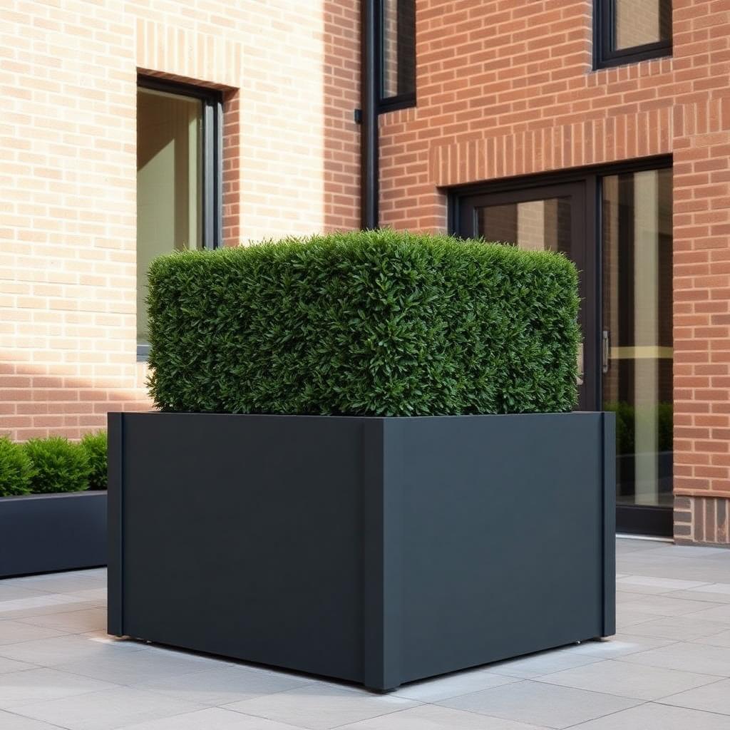 Large square dark grey powder-coated planter with clipped box hedging in a brick-clad courtyard. — comparable to schemes we deliver in Greenwich