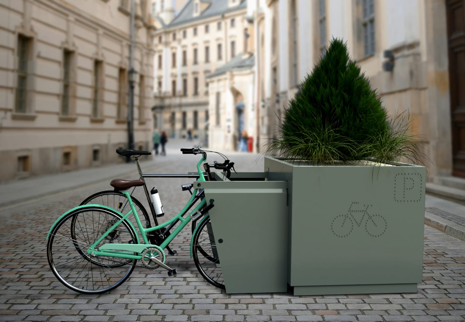 Bespoke metal planters of the kind we fabricate and install in Kensington & Chelsea — Bike-store planter with perforated cycle motif — streetscape render.