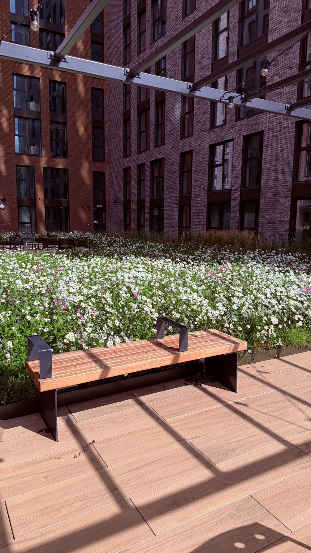 Bench seating in dappled pergola shade beside a wildflower planter run. — comparable to schemes we deliver in Southwark