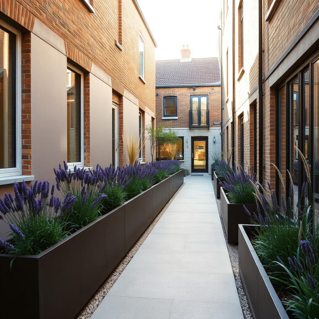 Bespoke metal planters of the kind we fabricate and install in Lambeth — Long low bronze steel planter run lining a residential mews path with lavender in full bloom.