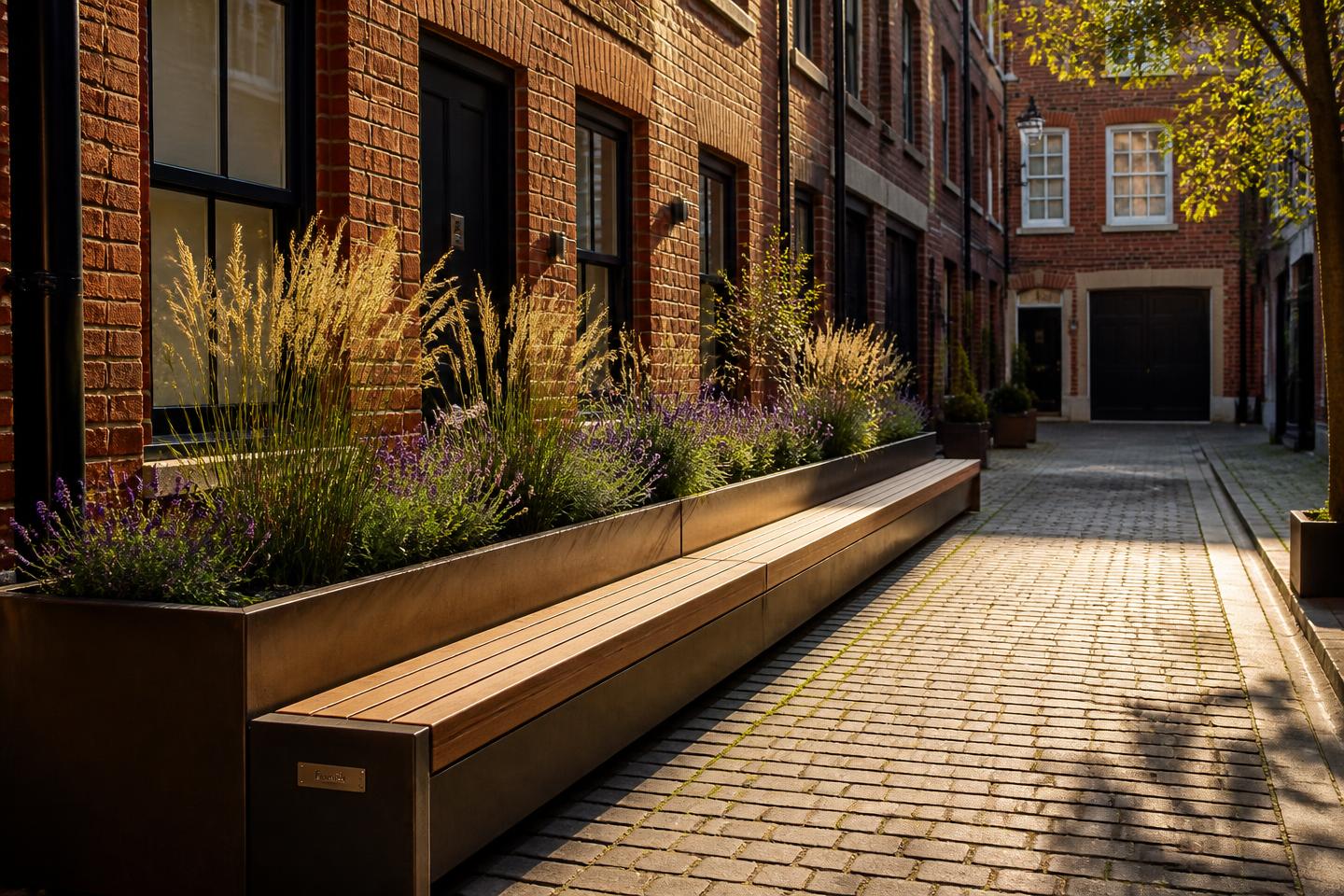 Mews Courtyard — Bronze planter and bench run along a cobbled London mews, planted with ornamental grasses and lavender.