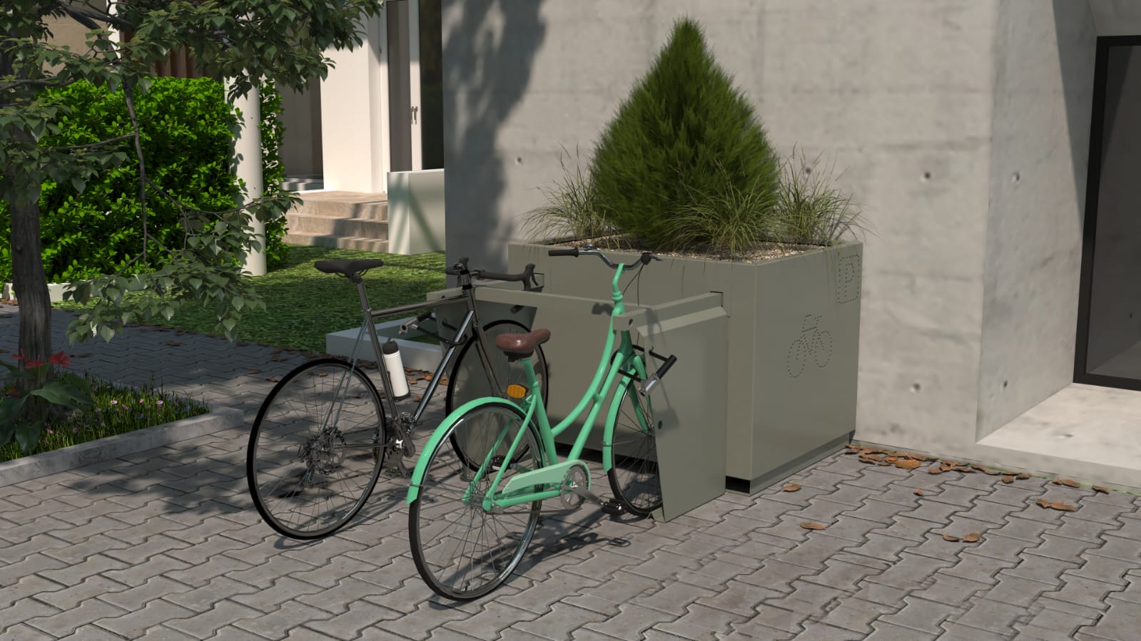 Integrated bike-store planter — courtyard installation with mixed grass and conifer planting. — comparable to schemes we deliver in Westminster