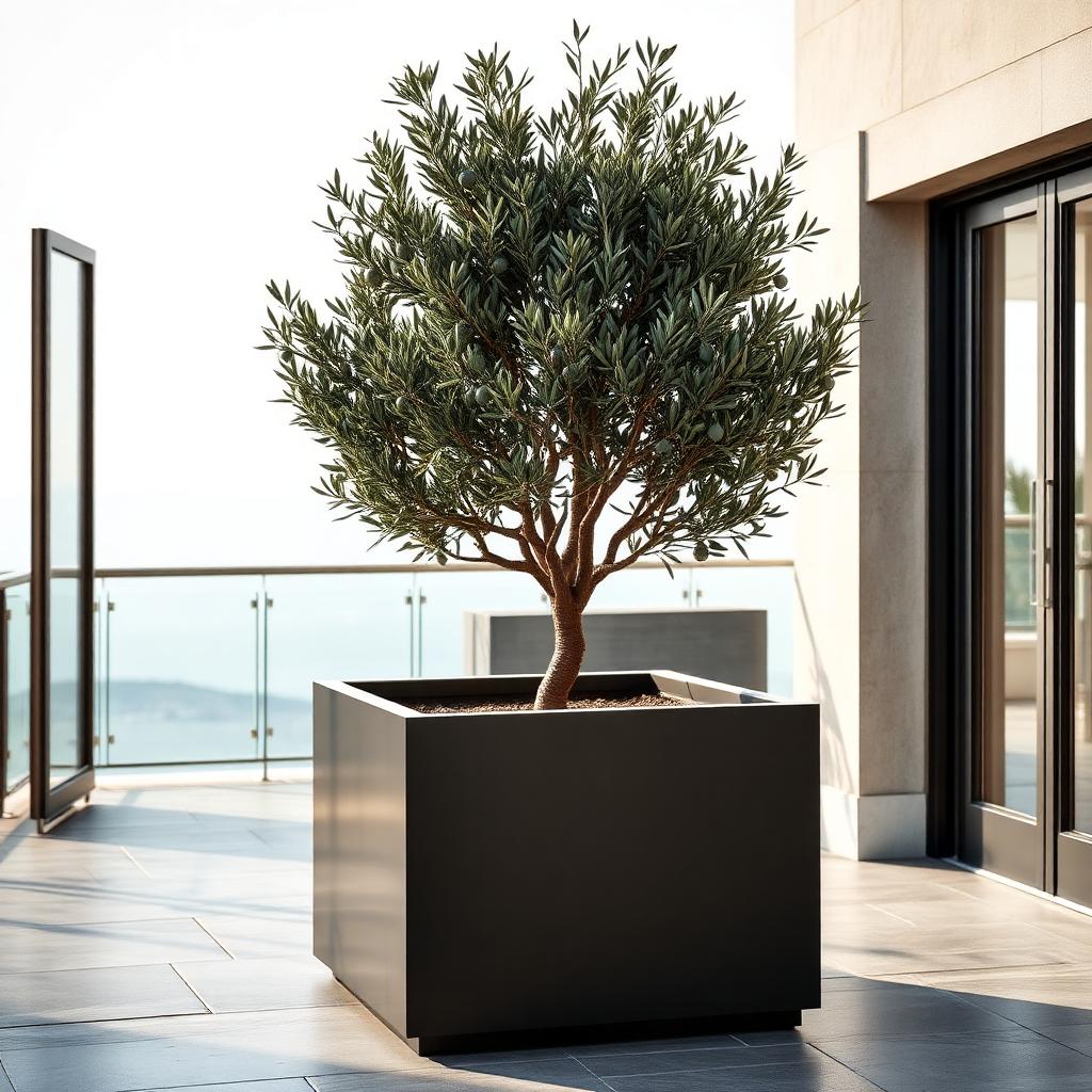Large cube matte black planter with a mature olive tree on a stone terrace. — comparable to schemes we deliver in Lambeth